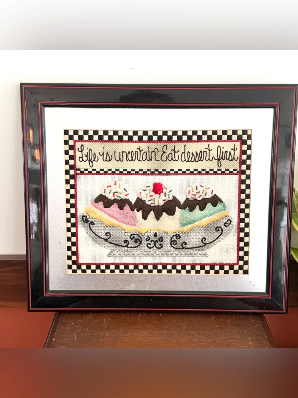 Vintage Retro Dessert Needlepoint Wall Art Checkerboard Kitchen Decor 13.5x15.5